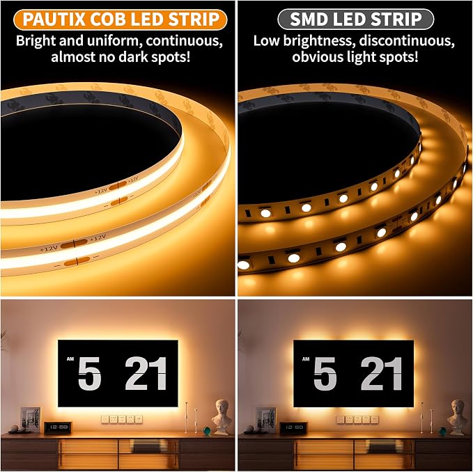 PAUTIX COB LED Strip Light 2700K DC12V,18ft/5.5m Warm White LED Tape Lights for Kitchen Home DIY Lighting Projects with 1pcs Connector Extension Wire(Power Supply Not Included)