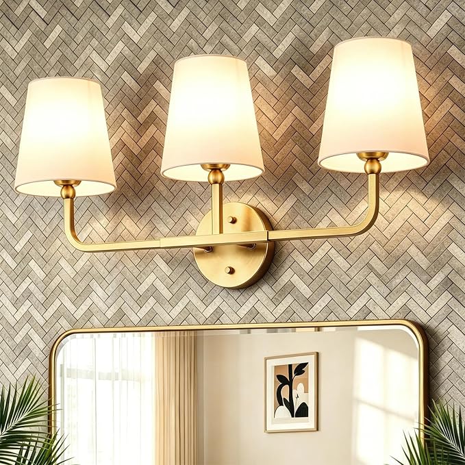 MOKATNG Bathroom Light Fixtures, 3-Light Brushed Gold Vanity Lights, Bathroom Lighting Fixtures Over Mirror with Flared White Fabric Shade, Modern Wall Sconces for Living Room Hallway