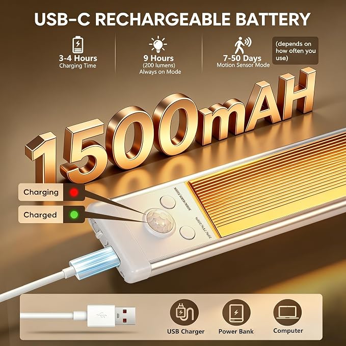4Pack Under Cabinet Lighting Wireless Rechargeable Sensor Light Indoor with 3 Color Temps & Dimmable Led Lights,Magnetic Under Counter Lights Decorative Light for Kitchen/Stairs/Bedroom (9.5in)