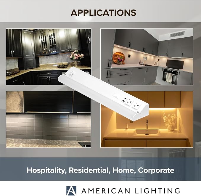 American Lighting LED Courant Plus Undercabinet Light 18 Inch White | 5CCT, 90+ CRI, 1000 Lumens, USB-A USB-C and 20A Receptacles, Title 24 Compliant