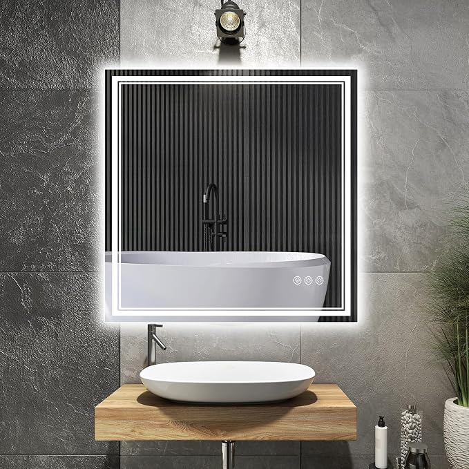 Ratsamee 30x30 Inch LED Bathroom Mirror with Frontlit & Backlit, Lighted Mirror for Bathroom Wall with 3-Color Dimmable & Anti-Fog, Vanity Mirror with Lights