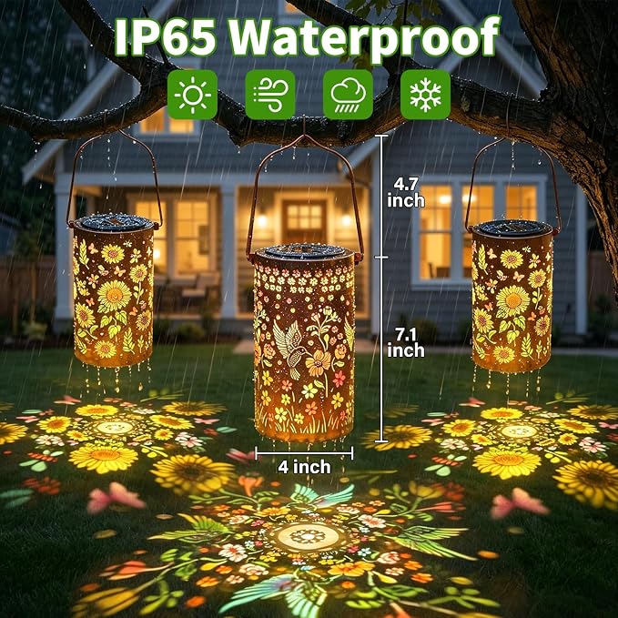 2 Pack Colorful Solar Lanterns Outdoor Waterproof, Garden Decor Gifts for Women Mom Grandma - LED Sunflower and Hummingbird Solar Powered Lights Metal Hanging Lantern for Outside Garden Patio Yard