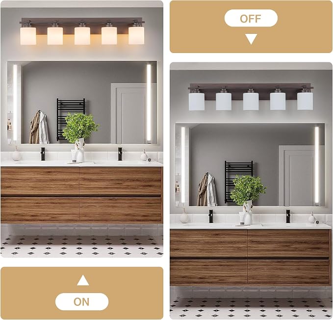 Modern Bathroom Light Fixtures Over Mirror, Vanity Lights for Bathroom Wall Sconces with Milky White Glass Shades, E26 Socket (Bulbs Not Included), 5 Light, Oil Rubbed Bronze