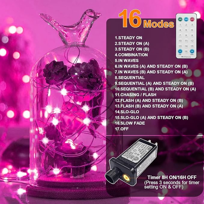 3 Pack Valentine's Day Pink Fairy Lights Plug in, 33Ft 100 LEDs Waterproof Twinkle Firefly Starry String Lights with Adaptor, for Wedding Christmas Indoor Outdoor Patio Garden Decoration