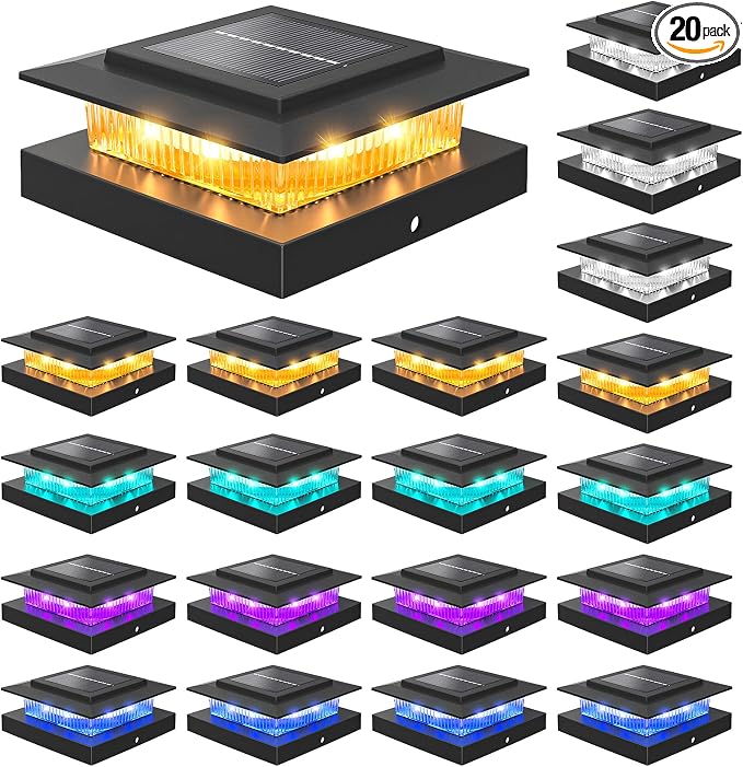 4x4 Post Solar Lights Color Changing,Solar Post Light,20 Pack Black | RGB Solar Post Cap Lights for 4x4 Post Caps Wood Vinyl,IP44 Waterproof Fence Post Solar Lights Outdoor, Solar Deck Post Light
