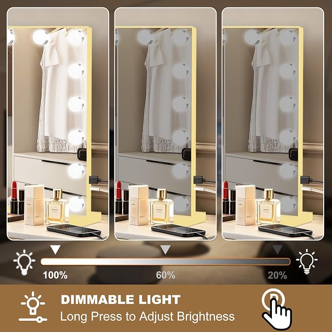 Ratsamee Gold Hollywood Vanity Mirror with Lights, 17 Dimmable Bulbs, 3 Color Lights,Make Up Lighted Mirror, Aluminum Metal Frame, USB Charging Port（28" x 20"）