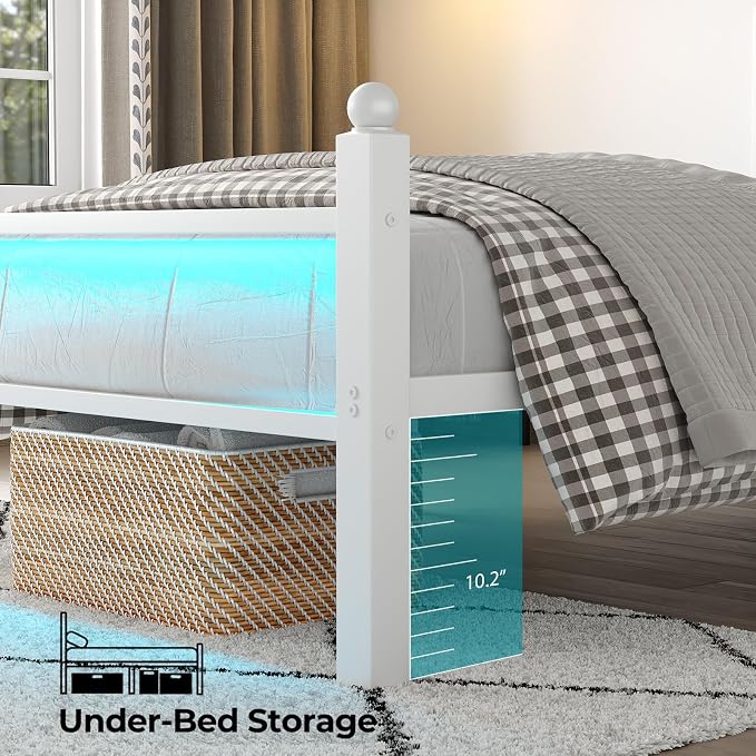 CollaredEagle Twin Bed Frame with LED Lights and Charging Station, White | Twin Size/ Metal Frame/ Built-in Charging Station/ RGB LED Lights/ Noise-Free/ 10.8 inch Under-Bed Storage