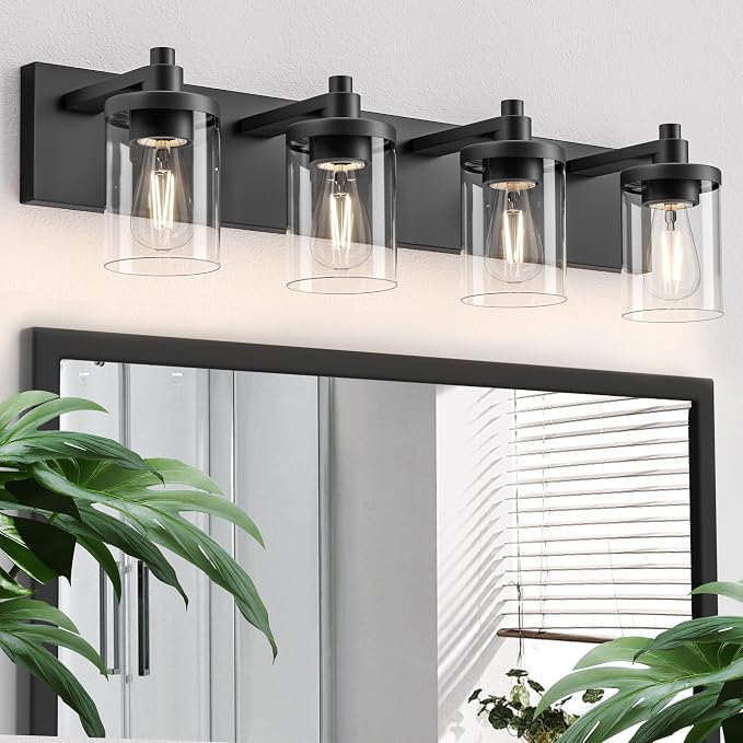 Bathroom Vanity Light, 4 Light Matte Black Light Fixture with Clear Glass Shade, 29 in Modern＆Farmhous Vanity Lights, Bathroom Light Fixtures Over Mirror for Bathrooms, Livingroom
