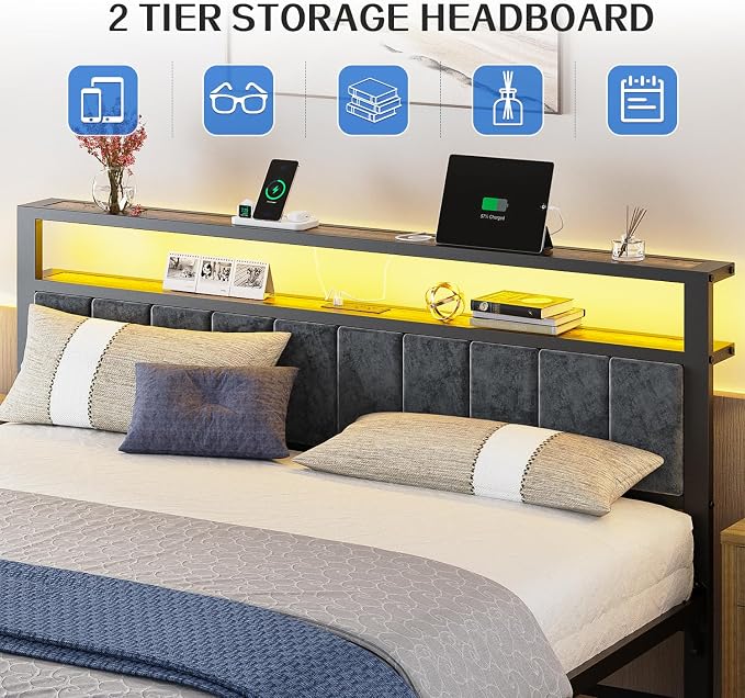 Liians King Size Bed Frame with LED Lights, Upholstered Headboard | Platform Bed with 2-Tier Storage Shelves, Charging Station, Noise Free, No Box Spring Needed, Easy Assemably