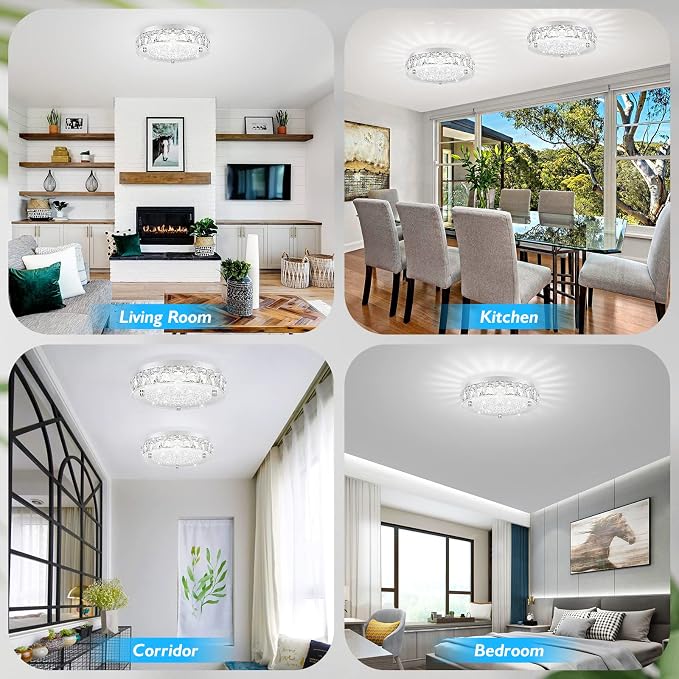 Crystal Chandeliers Flush Mount LED Ceiling Light Fixture, 5000K Daylight White Super Bright 1980LM 11-Inch Dimmable Farmhouse Kitchen Light Modern Ceiling Lamp for Bedroom Bathroom Nursery