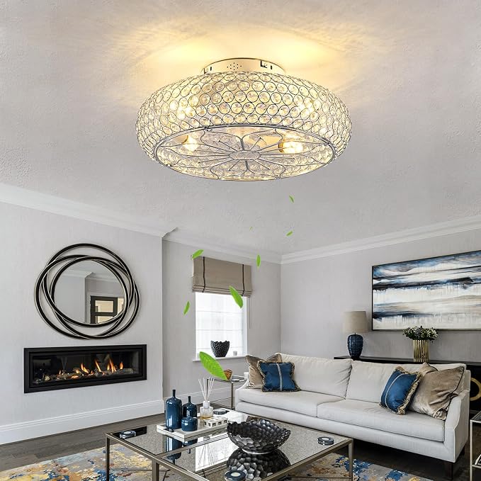 20" Crystal Ceiling Fan with Lights - Enclosed Bladeless Design, Reversible DC Motor & Remote, 6-Speed Quiet, Flush Mount Low Profile Electroplated Mirror Finish, for Bedroom/Living Room