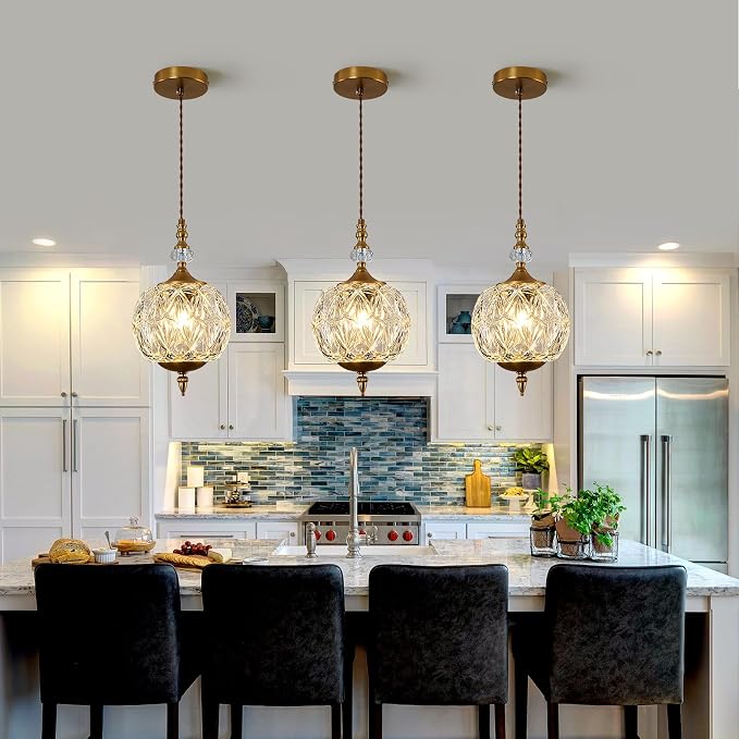 Piepooye Vintage Gold Glass Pendant Light for Kitchen Island | Antique Brushed Gold Chandelier E26 Mini Adjustable Hanging Ceiling Light Farmhouse Dining Room Bedroom Foyer Entryway