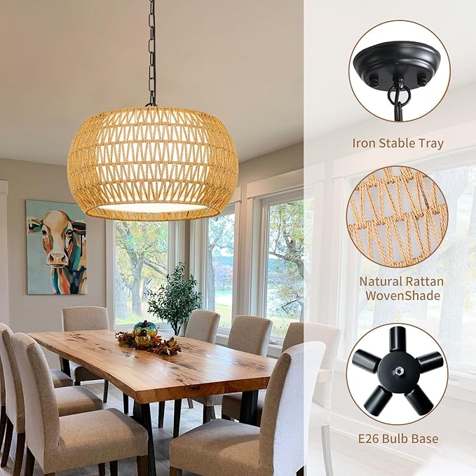 Farmhouse Chandelier Light Fixture,Rattan Boho Chandeliers for Dining Room,Large Pendant Lights Kitchen Island Hanging Light Fixtures Wicker Chandeliers for Bedroom Living Room Kitchen Nursery