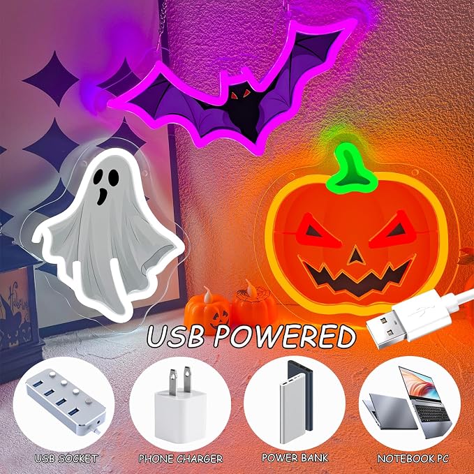 3Pcs Halloween Neon Signs Set Dimmable Pumpkin Ghost Bat Led Neon Light | USB Powered UV-Printed Spooky Neon Light Up Sign for Game Room Wall Halloween Party Presents Holiday Home Decorations