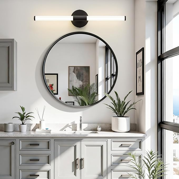 Dimmable LED Bathroom Vanity Lights 360° Full Lighting Bathroom Light Fixtures Over Mirror Vanity Light Bar Modern Wall Sconce 4000K Natural White Light for Home Hardwired, Black, 23 inch