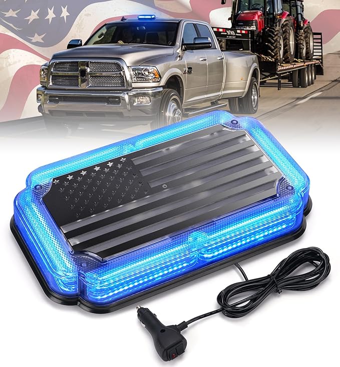 Xprite 108 LED Roof Top Strobe Light, US Flag Pattern Police Flashing Lights, Emergency Safety Warning LED Mini Strobe Lightbar w/Magnetic Base for Traffic Police Firefighter EMS Vehicle Truck, Blue