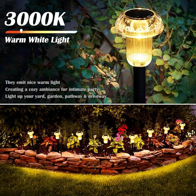 Priddop 8 Pack Solar Garden Lights Outdoor Waterproof 3000K Warm White LED | Auto On/Off Mushroom Stake Lights for Yard Patio Lawn Driveway Walkway Pathway Decor, Acrylic/ABS Landscape Path Lights