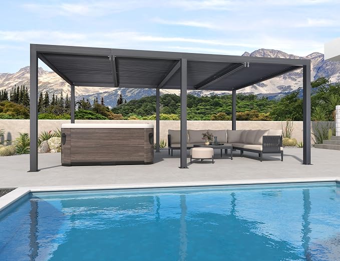 PURPLE LEAF Louvered Pergola 94AS 12' x 20' Adjustable Louvered Roofs Gray | Four Adjustable Louvered Roofs For Complete Sun Control, All-Aluminum Rustproof, 53Mph Wind Resistant, 94-Inch Tall Posts.