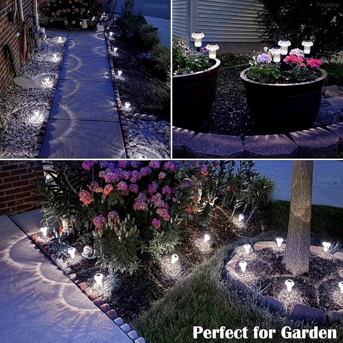 Priddop 8 Pack Solar Pathway Lights Outdoor Waterproof 6000K Cool White LED | Auto On/Off Mushroom Stake Lights for Yard Patio Lawn Driveway Walkway Garden Decor, Acrylic/ABS Landscape Path Lights