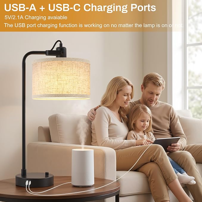 Black Table Lamp Set of 2 with USB A and C Ports, 180° Adjustable Stepless Dimming Bedside Lamps for Night Stands, E26 LED Bulb Included, Industrial Desk Lamps for Home Office, Bare Bulb Compatible