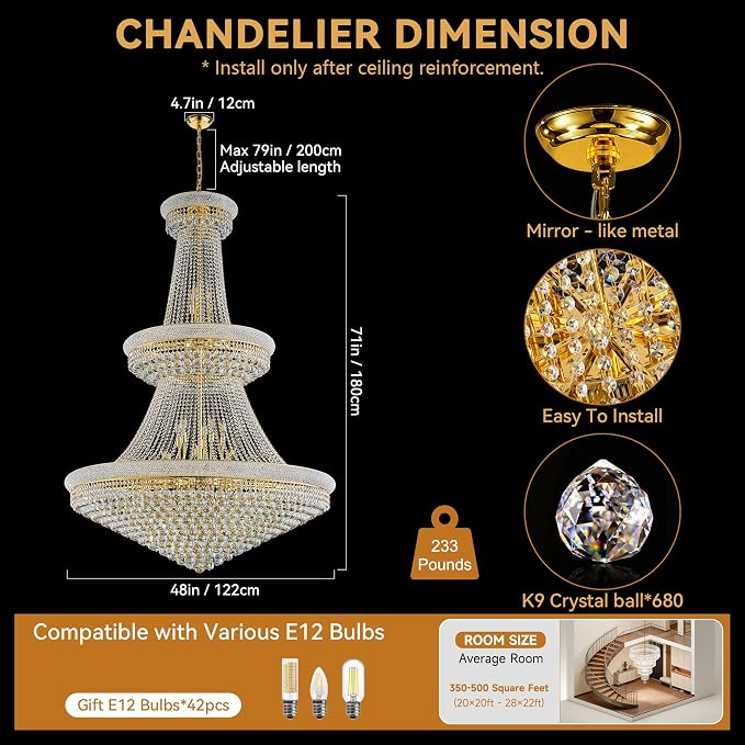 48'' W Grand Gold 3-Tier Empire Crystal Chandelier, 42 LED Bulbs, 680 Hand-Strung K9 Crystals (6 Spares), 79-Inch Adjustable Chain, Ideal for Luxury Foyers, Staircases, Double-Height Spaces (Gold)