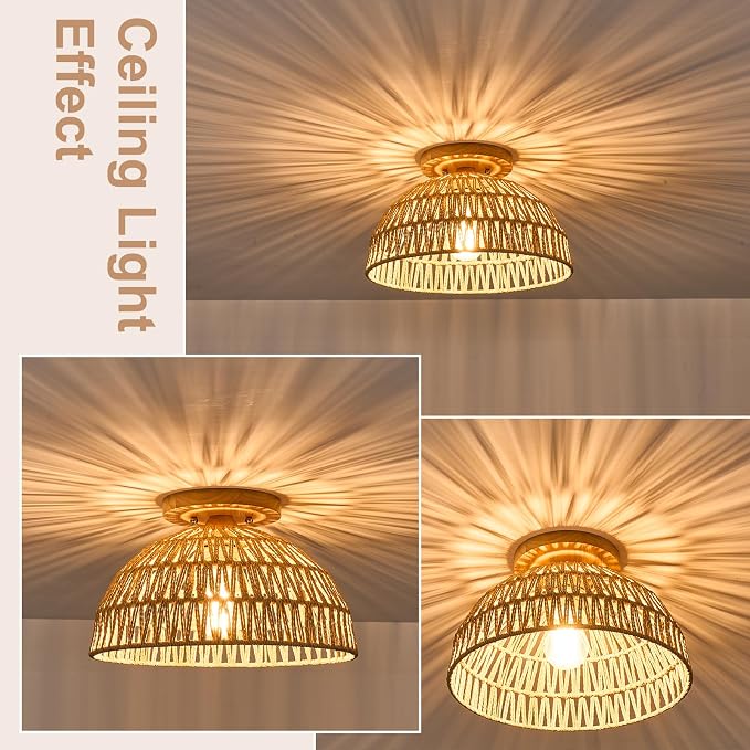 13 Inch Rattan Flush Mount Ceiling Lights Farmhouse Boho Ceiling Light Fixtures Rustic Wicker Hand Woven Rope Cage for Dining Room Kitchen Bedroom Foyer Hallway Entryway