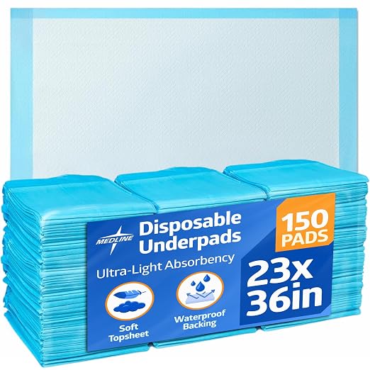 Medline Light Absorbency Underpad, 23" x 36", 150 Count, Disposable Bed, Furniture & Surface Protection, For Kids, Adults, Elderly, Puppy Pad, Changing Pad, Incontinence Pee Pad, Chucks