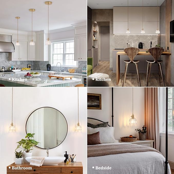 Shenmoyl Pendant Light with Clear Tulip Glass Lmapshade, Brass Vintage Pendant Light Adjustable Hanging Light for Kitchen Island Dining Room Hallway