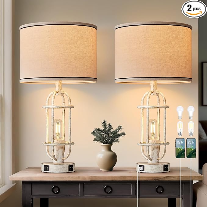 Reaketon 22.3" Farmhouse Table Lamps Set of 2, Vintage Lamps for Living Room End Tables, Bedroom Lamp for NightStand with USB C+A Ports, Antique White