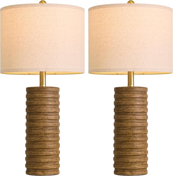 PoKat Farmhouse Table Lamps Set of 2 for Living Room, 27'' Tall Retro Ceramic Bedside Lamps with Linen Lampshade for Bedroom, Vintage Wood-Like Rustic Nightstand Lamp Office Sideboard Hallway (Brown)
