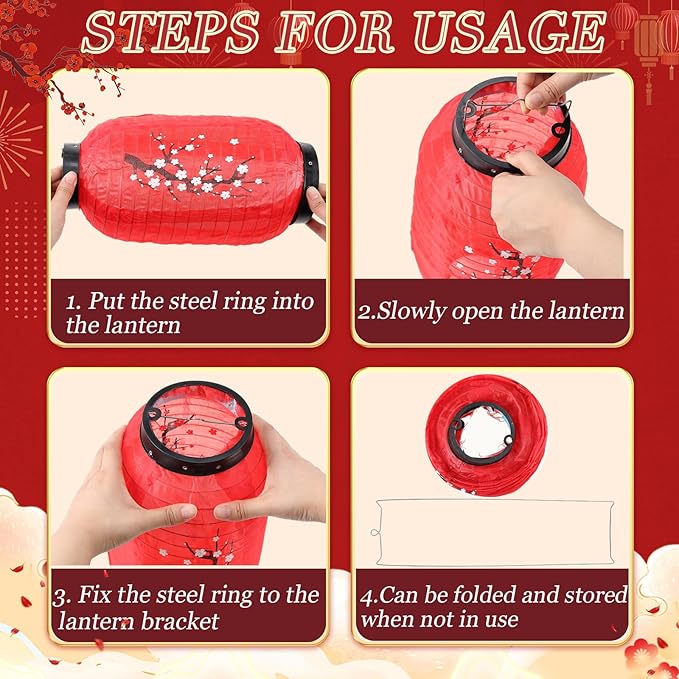 Baquler 24 Pcs Japanese Cherry Blossom Silk Lanterns 8 x 14 Inch Hanging Sakura Lantern Decorations for Wedding Party Restaurant Festival Decor Including 12 Lanterns and 12 Lights(Plum Bossom)