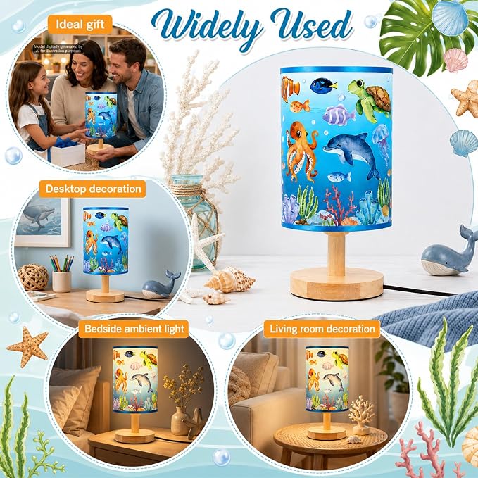 Under the Sea Table Lamp Ocean Animals Fish 3 Colors Dimmable Lights Underwater World LED Night Light Bedside Decor with Wooden Base Fabric Lampshade for Bedroom Living Room Home Decor Birthday Gift