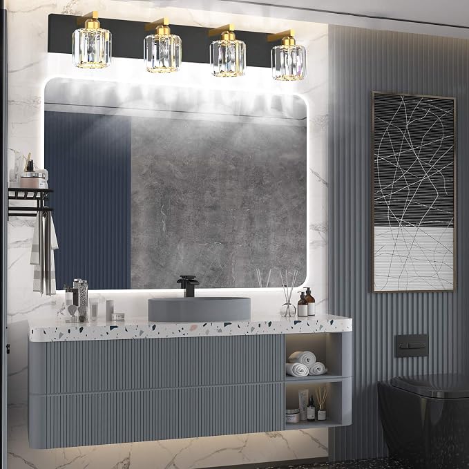 Aipsun Crystal Bathroom Vanity Lighting Black Vanity Light Fixtures Modern Vanity Light for Bathroom 4 Lights(Exclude Bulb)