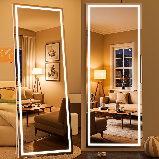 Full Length Mirror with Lights, 67" x 24" LED Lighted Floor Standing Body Mirror, Dimmable & 3 Color Lighting for Bedroom, Cloakroom, Dressing Room, Tempered Glass, White Frame