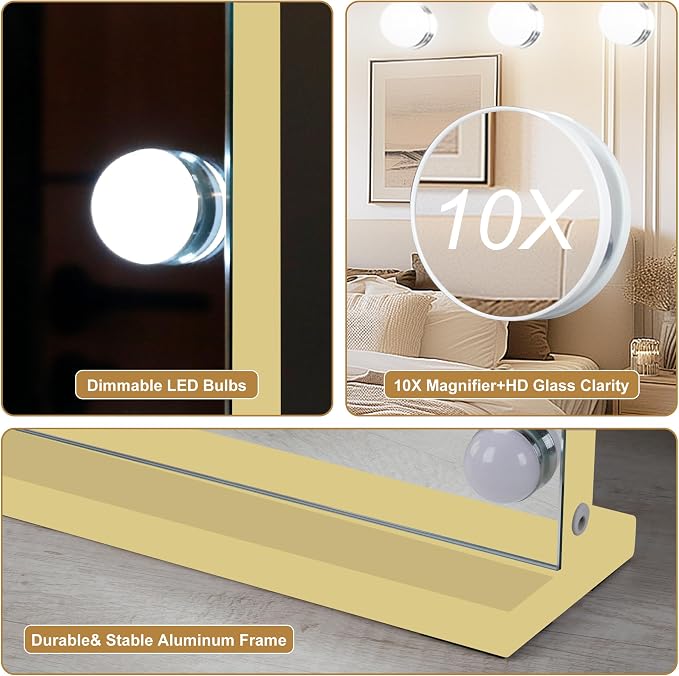 Moonee Vanity Mirror with Lights, Gold Hollywood Lighted Makeup Mirror with 17 Dimmable Bulbs and 10X Magnification, 3 Colors Modes, Aluminum Metal Frame, Light Up Mirror for Tabletop/Wall（26" x 20"）