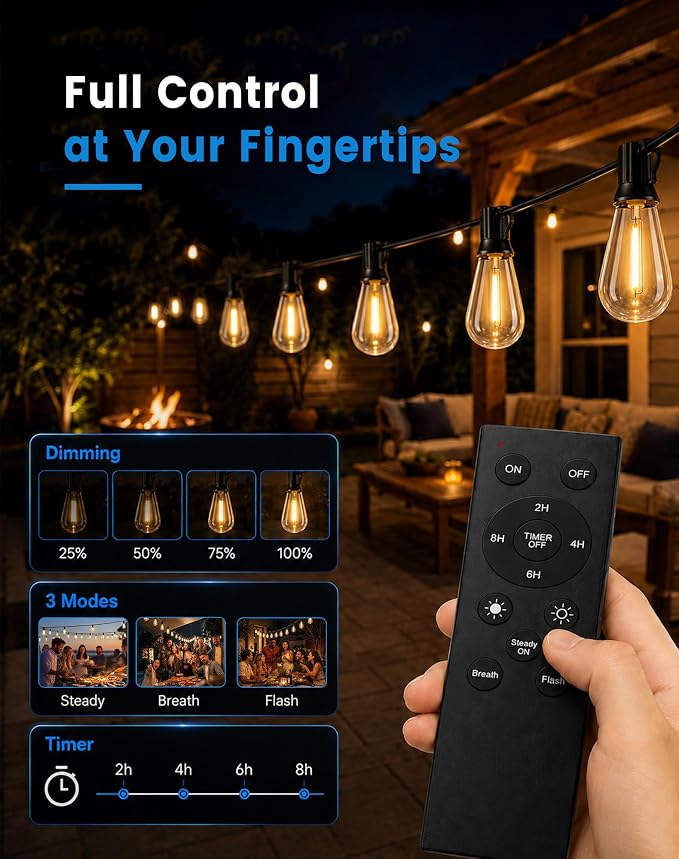 110FT(100+10) Outdoor String Lights, 2FT Spacing 50 LED Edison Bulbs, Waterproof, Shatterproof, Dimmable, Warm White, 3 Modes, Timer, Plug in Hanging Backyard Lights for Outside, Patio
