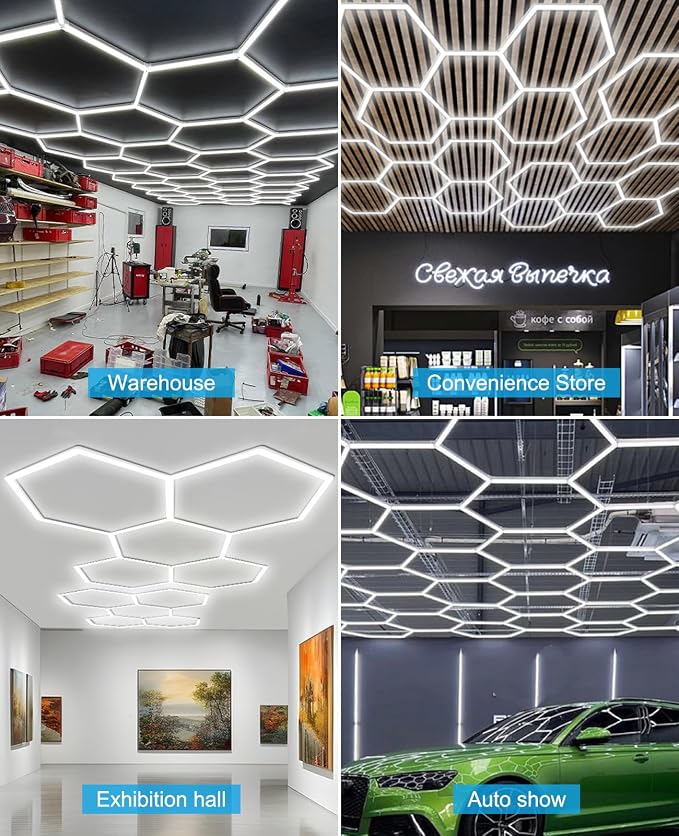 Hexagon Garage Lights: Hexagon led Gym Lights 40000LM DIY LED Shop Light | Car Detailing Ceiling Light for Basement Warehouse Workshop Barbershop Car Care Wash Room Exhibition 6500K
