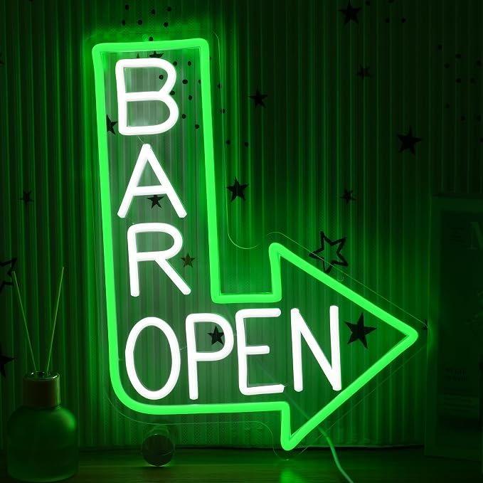 Bar Open Neon Sign for Wall Decor Dimmable Led Open Sign USB Powered Bar Arrow Light Up Sign for Man Cave Karaoke Restaurant Pub Cafe Salon (15.35 * 11.81)