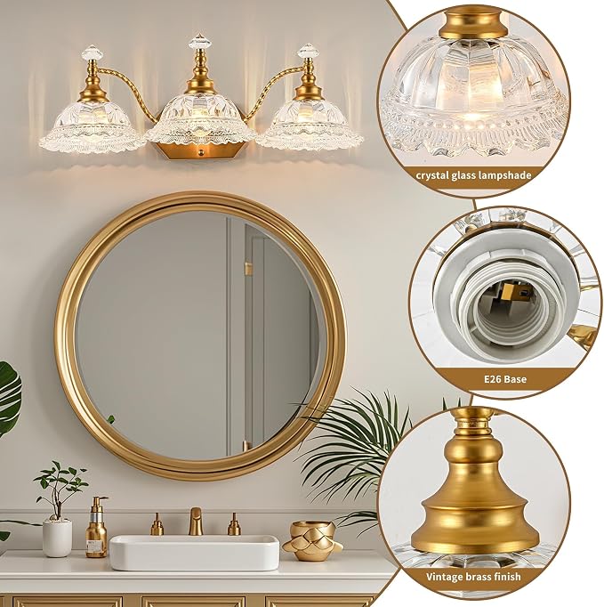 Vintage Bathroom Light Fixtures, 3-Light Brass Vanity Lights with Floral Clear Glass Shades, Retro Wall Sconce for Bedroom, Living Room, Hallway
