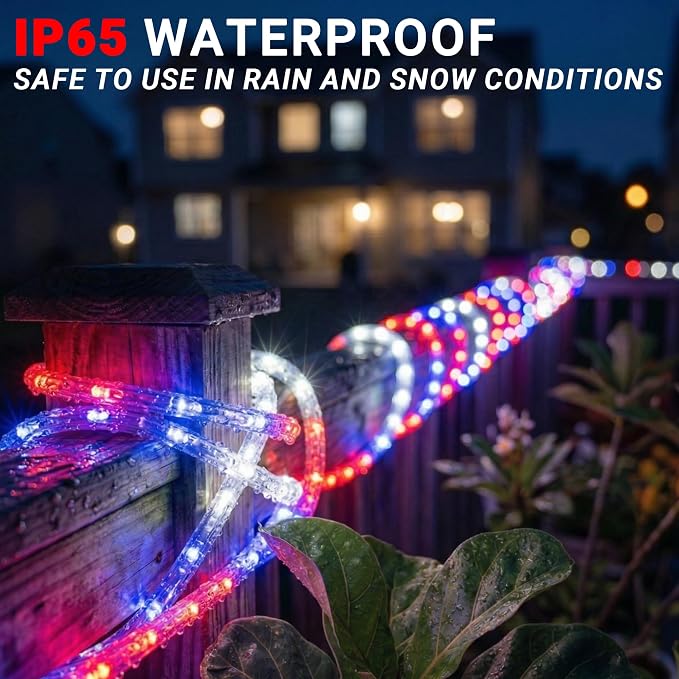 50ft Red/Blue/White Rope Lights,Connectable for Indoor & Outdoor,110V Flexible Tube Lights,Waterproof LED Rope Lighting for Outside,Deck,Patio,Pool, Camping,Bedroom Decor,Landscape Lighitng