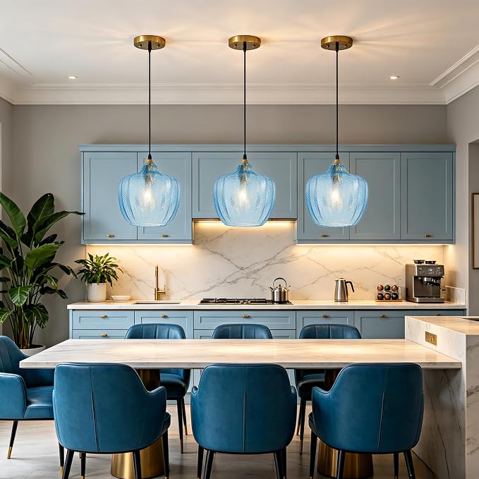 Blue Glass Pendant Lights Kitchen Island Gold Hanging Ceiling Light 9.45" | 1 Pack, Adjustable height, Dimmable, E26 bulbs, Rust-resistant Damp Rated For Bathrooms, 5-Year Warranty, UL Certification
