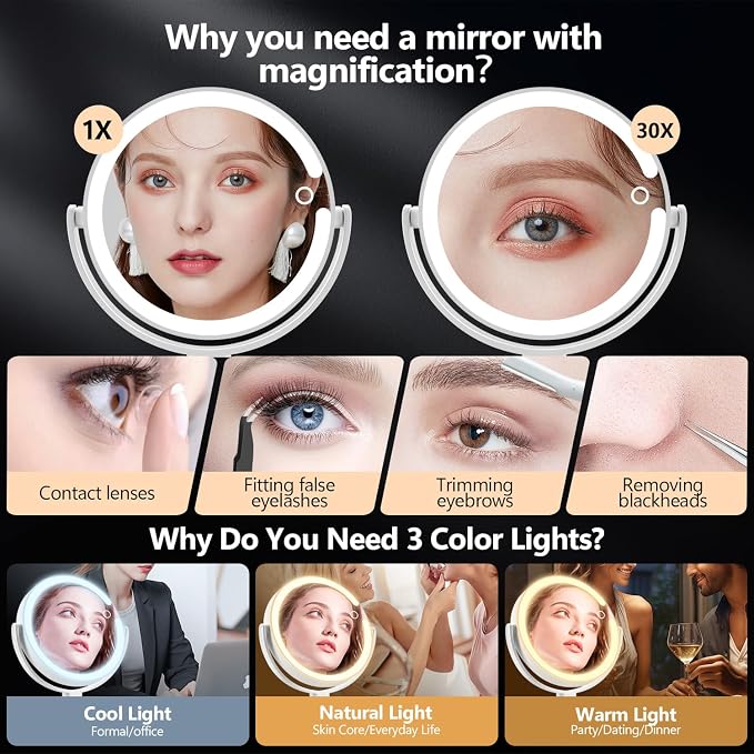 MIYADIVA Makeup Mirror with Lights, 30X Magnifying Mirror with Light and Touch Switch, Rechargeable Vanity Mirror with 3 Color Light and 80 LEDs, Height Adjustable Desk Mirror for Bathroom, Gift Idea