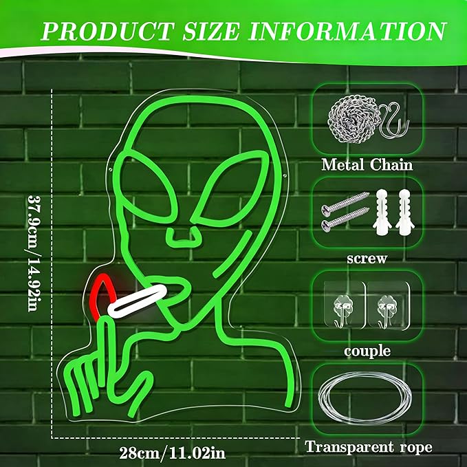 Alien Neon Sign for Wall Decor, Dimmable LED Green Alien Neon Lights Sign for Bedroom Game Room Man Cave Home Bar Party Decor Gifts