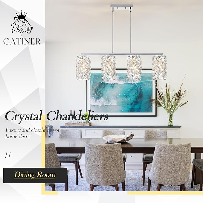 40" Chrome Crystal Linear Chandelier, 4-Light Kitchen Island Pendant | 40-inch chrome crystal linear chandelier with adjustable height, 4 E26 lights, dimmable for kitchen islands and dining rooms