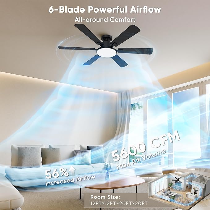 52'' Ceiling Fan with Light Remote/APP Control for Living Room | 6 Blades Dual-Finish, 6 Speeds, MAX 5600 CFM, 3CCT Dimmable LED, All Metal Body, Memory Function, Quiet Reversible DC Motor