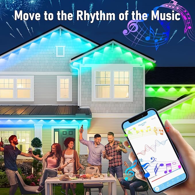 MUCCCUTE Permanent Outdoor Lights for Valentines150ft RGB + IC Eaves Lights with App & Remote Control, Outdoor String LED IP67 Waterproof for Holidays New Year July 4th Roof Eaves House Garden Decor