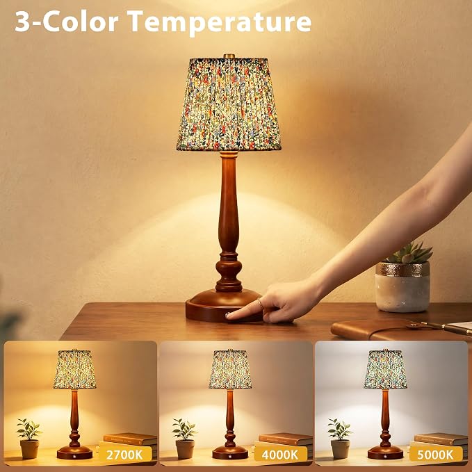 15.5'' Wireless Table Lamp, 5400mAh Rechargeable Small Bedside Touch Lamp | Wood Base, Fabric Lampshade, Built-in LED, 3 CCT, Stepless Dimming, Memory Function, Nightstand Lamp for Bedroom, Living Room