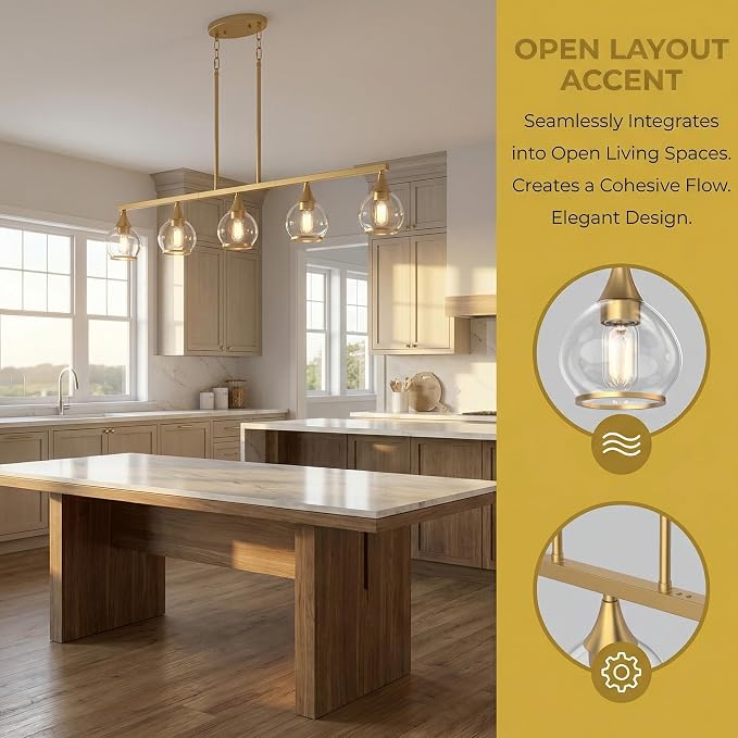 Kitchen Island Linear Pendant Light, 5-Light Gold Dining Room Chandelier with Clear Glass Globe Shades, Modern Linear Lighting Fixture Over Table