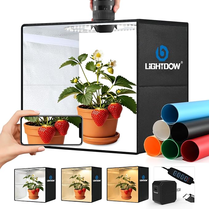 Lightdow 20"x20"x20" Photo Studio Light Box Photography with 300 LEDs(CRI>95) & Type-C Plug(35W)+Cable,6 Backdrops-Portable/Dimmable Folding Shooting Tents for Toys/Jewelry/Bonsai/Bags/Suitcases