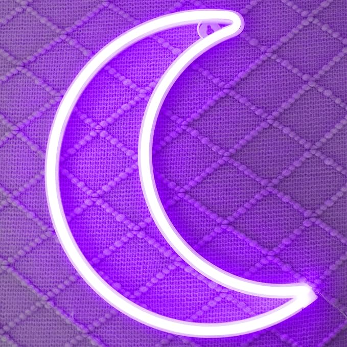 LED Purple Moon Neon Sign Light, Battery or USB Powered 5V Cute Room Decor | Art Decorative Night Lights Halloween Decorations for Girls, Window, Wall, Home, Bedroom, Office, Dorm, Party, Wedding